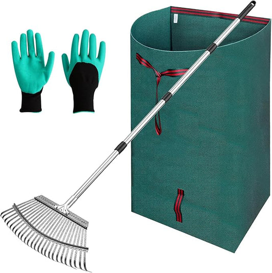72 Gallon Leaf Rake Set with Dustpan-Type Bag - Heavy Duty Garden Rake for Leaves, 18" Wide 25 Tines Adjustable Handle, Protective Gloves for Lawn, Yard & Garden Cleanup