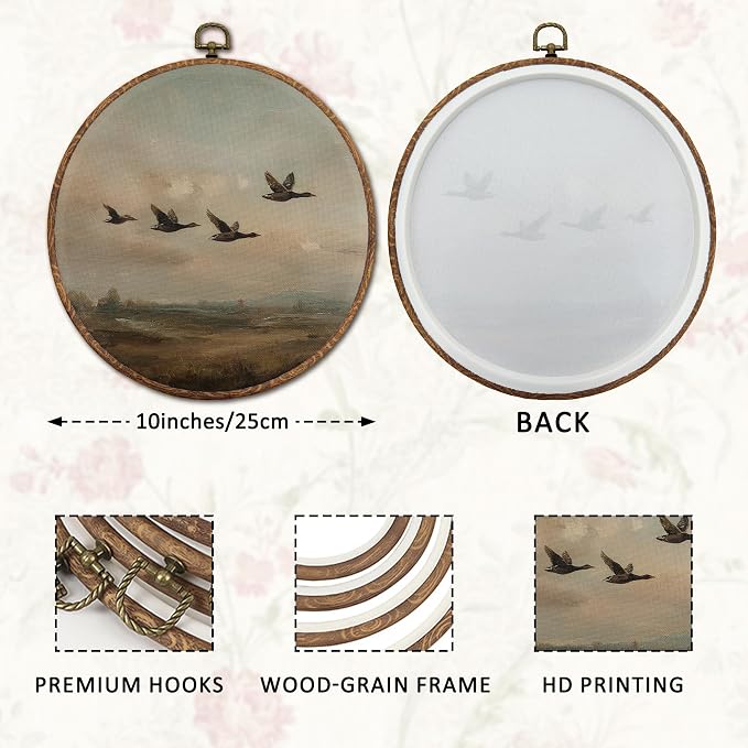 DOFQZ Vintage Flying Duck Round Wall Art Decor, Rustic Farmhouse Landscape Framed Wall Art, Retro Country Mallard Duck Canvas Wall Hanging Decor for Home Bedroom Living Room, 10x10