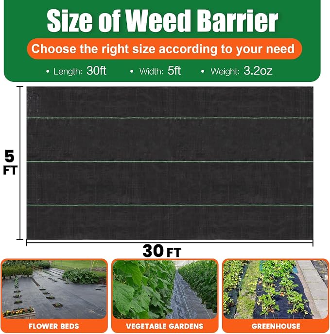 5 x 30 Feet Weed Barrier Fabric Garden Landscape Weed Blocker Woven Fabric Heavy Duty Ground Cover Mat
