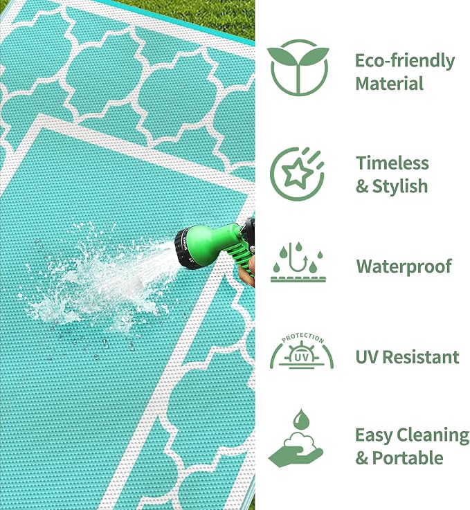 GENIMO 8 ' x 10 ' Outdoor Rug for Patio Clearance, Waterproof Indoor Outdoor Plastic Straw Rugs Carpet, Reversible Outside Area Mat for Camping, Balcony Porch, Deck, Picnic, Beach Aqua Blue & White