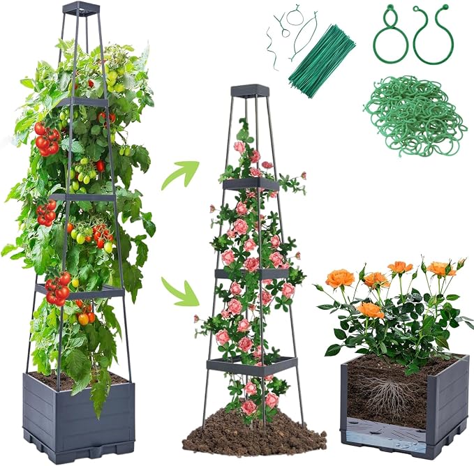 Self Watering Tomato Planter for Growing Tomatoes - 55" Raised Garden Bed Planter Box with Trellis for Climbing Plants - Tomato Support Cage for Vine Vegetables Flowers Greenhouse Indoor Outdoor
