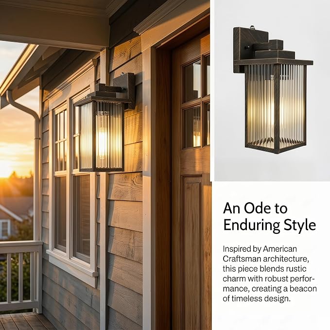 13-Inch Black Brush Gold Outdoor Wall Light, Dusk to Dawn Exterior Light Fixture, IP65 Waterproof Rust-Resistant Metal & Textured Glass Wall Mount Sconce for Porch Garage Entryway
