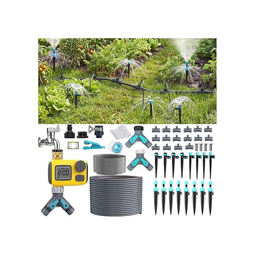 100FT Drip Irrigation System Kit with Smart Water Timer for Garden, 1/2" High-Flow Mainline Automatic Watering System, 16pcs Adjustable Nozzles & Sprays,Fast-Plug Kit for Yard,Lawn Agricultural