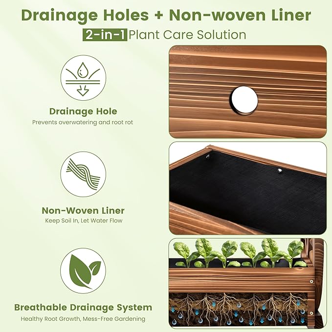 Extra Large Wooden Wagon Planter Box, 24" W 2-Tier Decorative Flower Cart with Wheels, Rustic Raised Garden Bed with Drainage Holes & Non-Woven Liner for Outdoor Plants, Flowers Herbs Vegetables