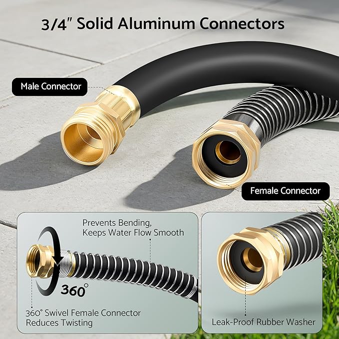 Heavy Duty Garden Hose 30 ft x 5/8", 5-Layer Hybrid Rubber Water Hose with 3/4" Swivel Brass Male to Female Fittings, 1000 PSI Burst, Leak-Proof & Weather Resistant for Lawn, Backyard, Black