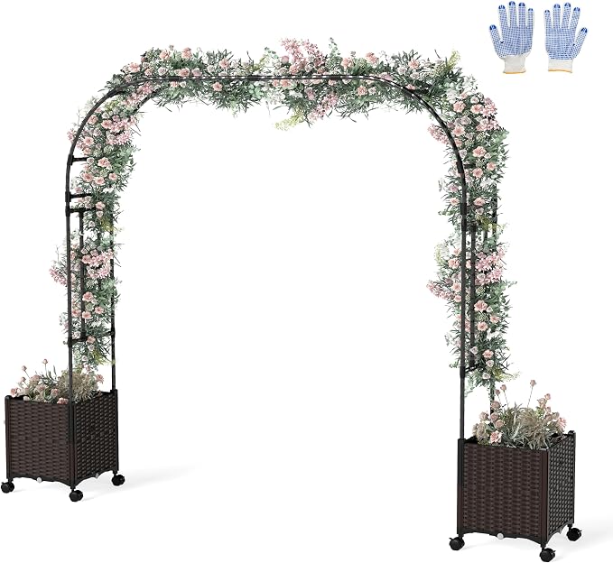 Giantex 6.6 FT Garden Arbor with Planter Boxes, Arch Trellis for Climbing Plants, Self-Watering System, Drainage Design, Lockable Wheels, Outdoor Metal Archway for Backyard, Patio, Wedding Decor
