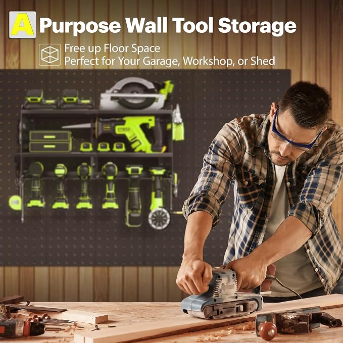 Spampur Fathers Day Gift,Power Tool Organizer Wall Mount with Charging Station, 3 Layer Heavy Duty Metal Tool Storage Rack Loads 420lbs with 6 Cordless Drill Holder, Garage Workshop
