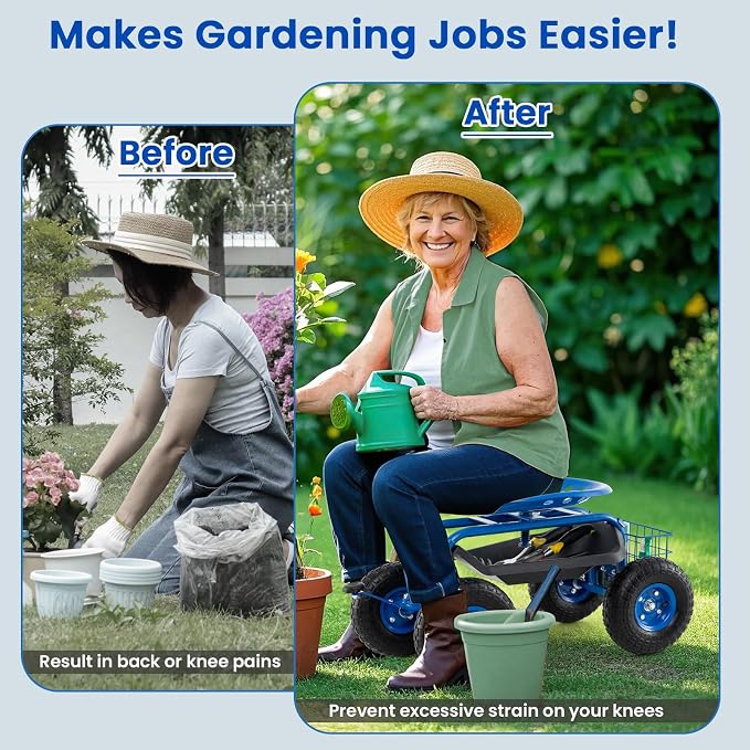 Giantex Garden Workseat, 360 Swivel Rolling Seat with Wheels, Tools Basket, Gardening Cart with Seat, Adjustable Height, Wagon Scooter for Patio Lawn Yard, Outdoor Steerable Stool (Blue)