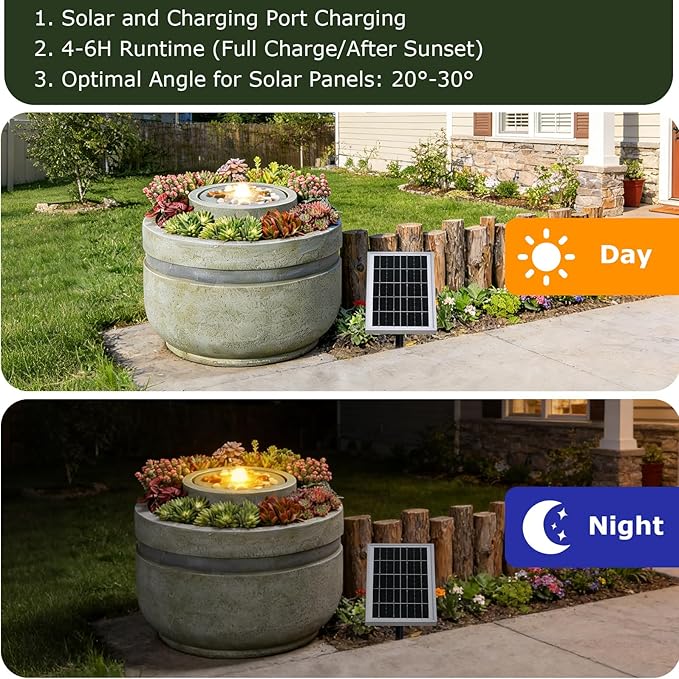 Solar Water Fountain Outdoor Garden Solar Power Fountains with Lights and Built-in Planter,Zen Bubbler Water Feature Outdoor for Outside Patio Yard Home Décor, 23.62" L x 23.62" W x 18" H
