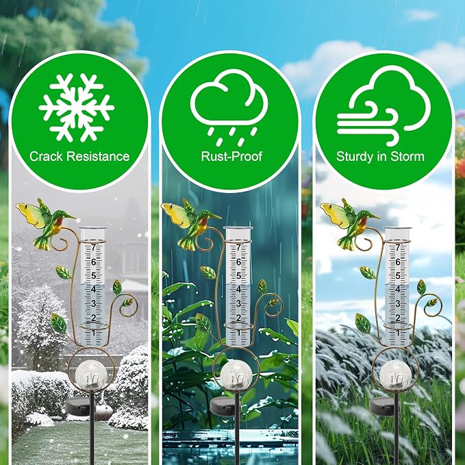 Rain Gauge Outdoor, for Women/Mom/Grandma, Upgraded Solar Rain Gauges Hummingbird with Color Changing LED Cracked Ball Lights 7" Measuring Cup for Yard Lawn Garden Decor