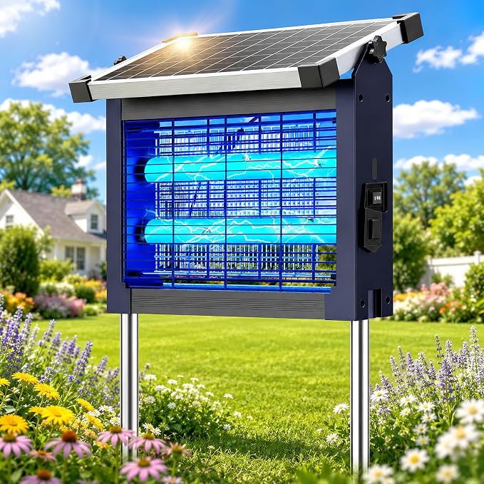 Zechuan Solar Bug Zapper Outdoor, Cordless Rechargeable Mosquito Killer | IP66 Waterproof Fly Zapper, 4500V Grid, Auto/Manual Mode, Cordless with Projection Light, Cord & Chain for Patio Camping RV