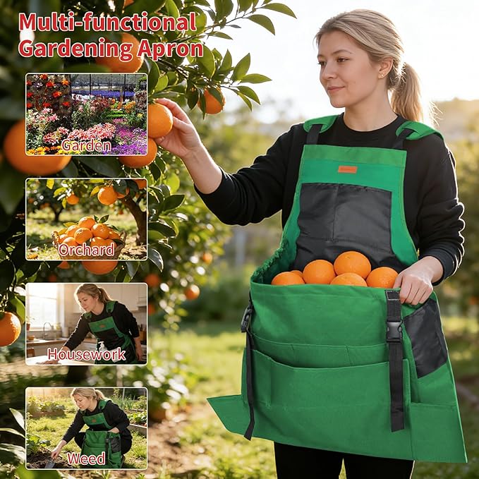 Gardening Apron with Pockets for Women&Men, Harvest Aprons w/Quick Release Pocket, One Size Fits Most, Gardening Gift