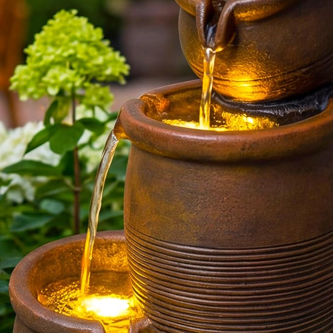 24-Inch Outdoor Water Fountain, 4-Tier Cascading Crocks Resin Garden Waterfall Fountain, with 3 Warm LED Lights, Home Art Decor for Patio, Backyard, Deck, Porch, Farmhouse or Lawn in Brown