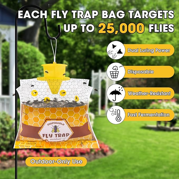 4 Pack Fly Traps Outdoor Hanging for Patio, Flies Bags Outdoor Disposable with 30g Bait, Bug Fly Hunter Catcher Killer Control for Barn Horse Ranch Chicken Coop