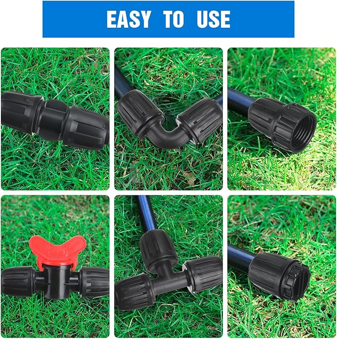 Pushglossy 32 Pcs 1/2" Tubing Irrigation Fittings Kit 1/2" ID x 0.6-0.63" OD 16 mm Drip Irrigation Barbed Connectors 4 Switch Valves, 8 Tees, 8 Couplings, 4 Elbows, 4 Ends, 4 Adapters (Blue, Black)