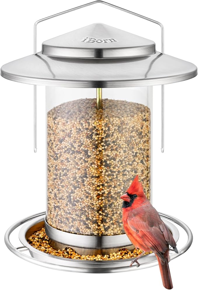iBorn Metal Bird Feeders for Outdoors,Easy Clean Bird Seed Feeder,Hanging Bird Feeder for Seeds with Gift Box,3-Second Refill Bird Feeder,Nickle 6 Port (Seed is not Included)