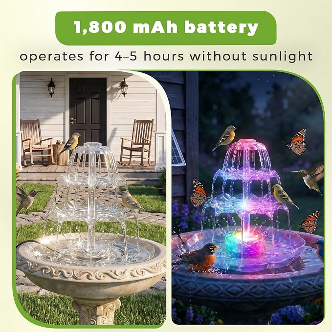 AISITIN 6.5W Solar Bird Bath Fountain with 8-Color LED Lights, 3 Tiered Bird Bath & Feeder, Upgraded Detachable Solar Pump for Garden, Patio, Yard, Pond (Auto Pump Day, Light at Night)