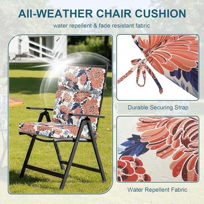 DYTXIII Outdoor High Back Chair Cushions Set of 2, 44"x22" Water Repellent Patio Seat Cushions with Elastic Sponge, All Weather Chair Pads for Rocking, Dining Chairs, Patio Furniture - Ruby Flower