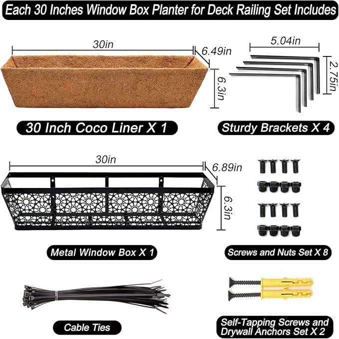 Halatool 4 Pack 30 Inch Window Box with Coco Liner Sturdy Metal Deck Railing Planter with Coconut Coir Basket Liners for Windowsill Fence Porch Balcony and Patio Outdoor Indoor Lawn