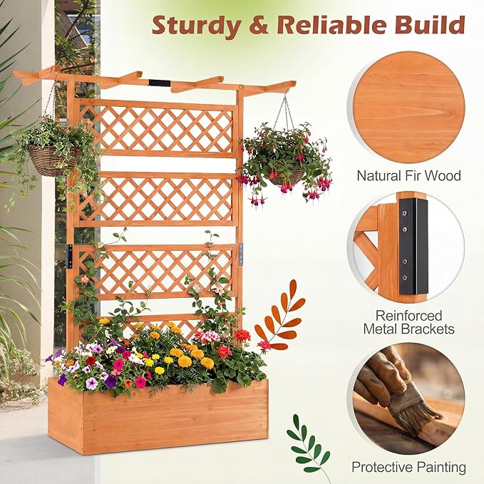 Giantex Raised Garden Bed with Trellis, 72'' Wooden Planter Box Outdoor w/Privacy Screen Roof, Large Vertical Garden Planter w/Drainage Holes for Climbing Plants, Patio Balcony Backyard