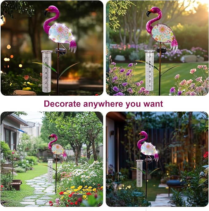 for Wife/Women, Flamingo Rain Gauge Outdoor - Solar Garden Stake Rain Gauges Outdoors Best Rated with LED Lights & Plastic Measuring Cup for Yard Lawn Patio Flowerpot Decor