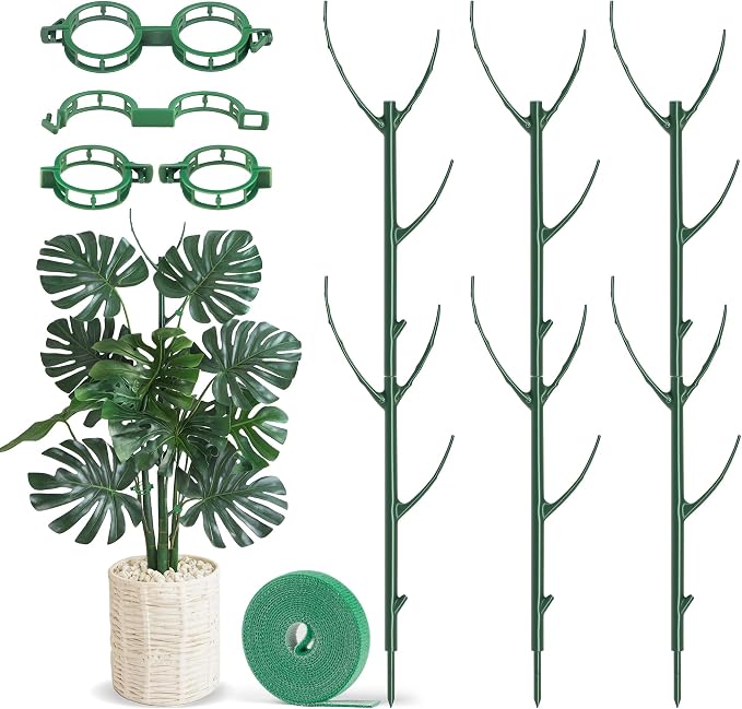Plant Support Stakes, 12 Pcs Stackable Plant Support Poles with 20 Clips, 2 Roll Tie for Indoor Outdoor Monstera Climbing Plants, Green