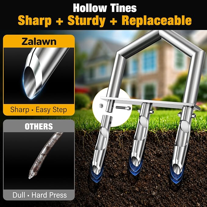 Manual Core Aerator Lawn Tool, Lawn Aerator Tool with 3 Non-Clogging Hollow Tines, Yard Grass Aerator with Ergonomic Rubber Grip, Reinforced Welding for Compacted Soil Lawn Care - Blue