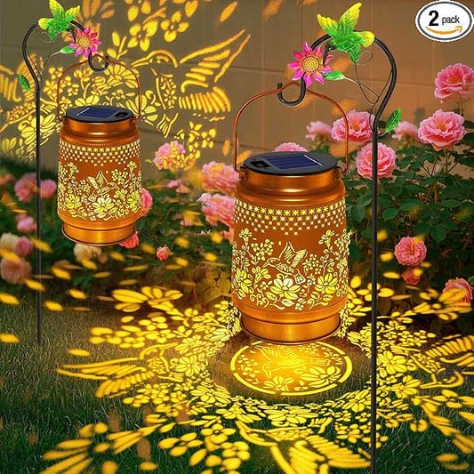 2 Pack Solar Lanterns Outdoor Hummingbird Garden Decor, Birthday Gifts for Mom Women, Waterproof Metal Hanging Solar Lights with Shepherd Hook LED Decorative Outside for Yard Patio Lawn Porch
