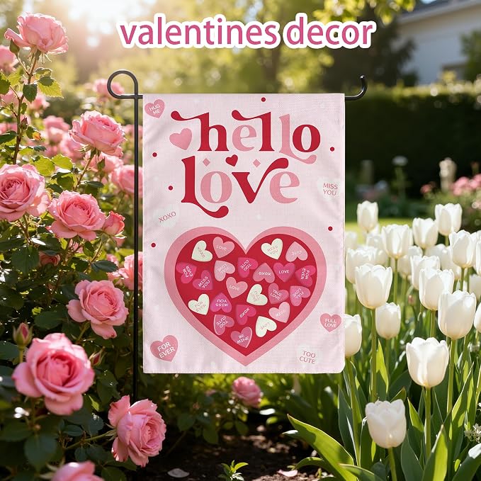 Valentines Day Decorations - Heart Love Welcome Garden Flag | Valentines Day Decor Party Favors Supplies for Outdoor Indoor Double-Side Backdrop Banner for Garden Porch Patio Lawn Yard Home,12x18