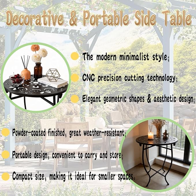 Small Patio Table, 17Inch Height Metal Patio Side Table with Flower Cut Design, 14'' Round Small Outdoor Side Tables for Patio Yard Porch Balcony Garden Bedside Plant Stand Indoor Outdoor 2Pack