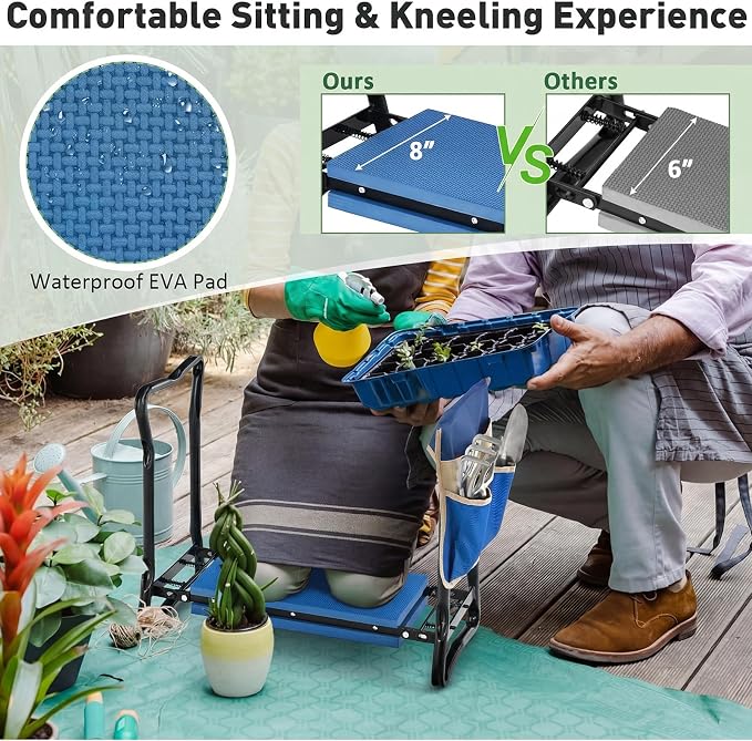 Giantex Garden Kneeler & Seat, Folding Gardening Stool, Portable Garden Bench with EVA Foam Pad, Heavy-Duty Metal Frame, Gardening Tool for Women Men Seniors, Holds 330 LBS, Blue (with 1 Bags)