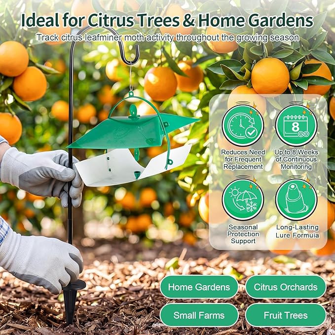 5 Pcs Reusable Leafminer Trap with Pheromone Lures, Bucket Style Insect Trap with 36.2'' Ground Stake, Outdoor Monitoring Tools for Citrus Trees Garden Orchard (2 Lures Included)