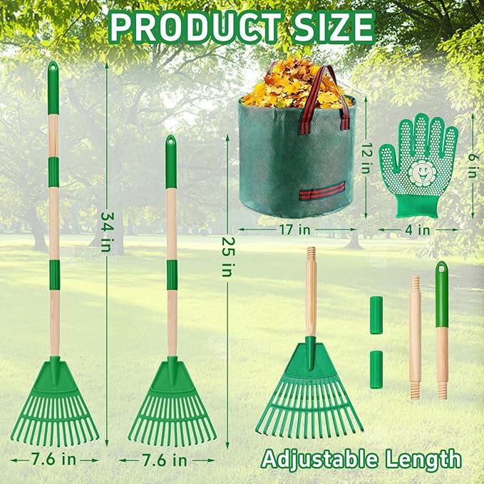 2 Pack Kids Adjustable Leaf Rake Set – 28" to 34" with Detachable Wooden Handles, Lightweight Plastic Head, Designed for Kids, Includes 2 Pairs of Gloves & Leaf Bag (Green)