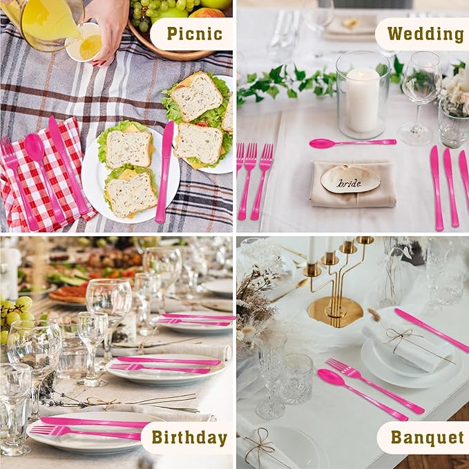 50 Pcs Hot Pink Plastic Forks, Hot Pink Plastic Silverware, Heavy Duty Plastic Cutlery Set Disposable Utensils Sets for Brithday, Wedding, Baby Shower, Bridal Shower