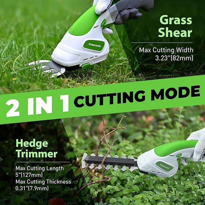 Cordless Grass Shear & Hedge Trimmer 7.2V Handheld Electric Grass Trimmer with 2 * 2000mAh Battery 2 in 1 Lightweight Shrub Trimmer Type-C Cable for Small Bushes, Lawn Edging & Garden Green
