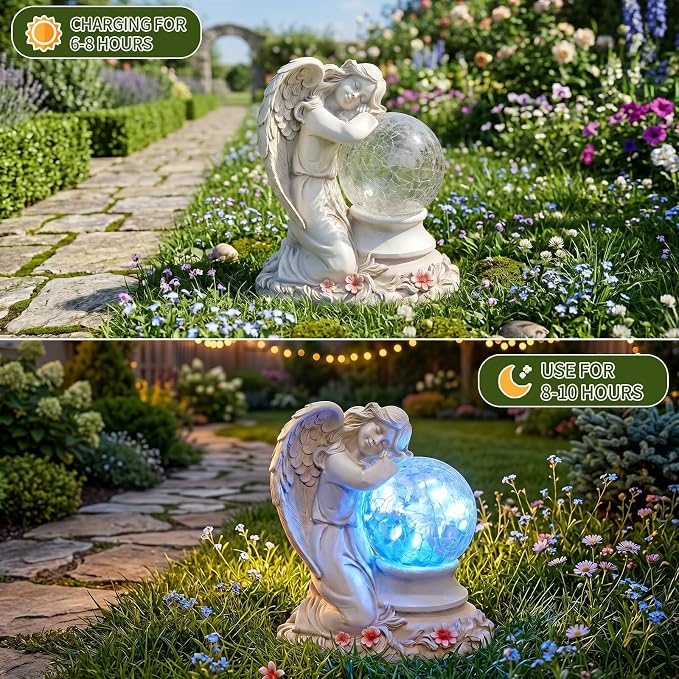 Solar Angel Garden Statue Outdoor, Memorial Angel Figurine with Crackle Glass Ball Resin Garden Decor for Patio Lawn Yard Porch, Gifts for Mom Grandma Women