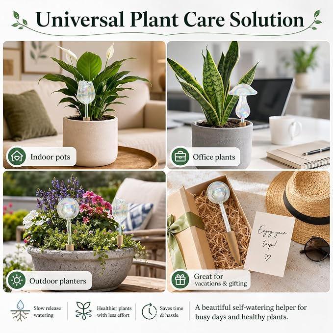 HyJeryty Non-Clogging Iridescent 3 Pack Ball Plant Watering Globes with Terracotta Spikes, Hand Blown Glass Self Watering Planter Insert Plant Watering Devices Bulbs for Indoor and Outdoor Plants