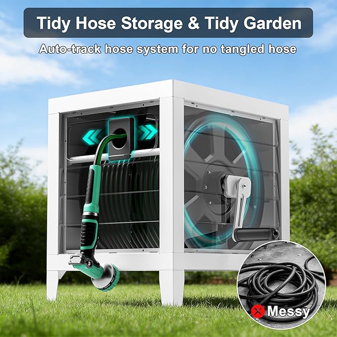 Metal Garden Hose Reel Box, Heavy Duty 150Ft 5/8" Large Capacity Hose Storage Deck Box with Hose Guide, 6Ft Leader Hose, Leak-Proof Aluminum Water Connection, Manual Crank Handle Easy Essemble (White)