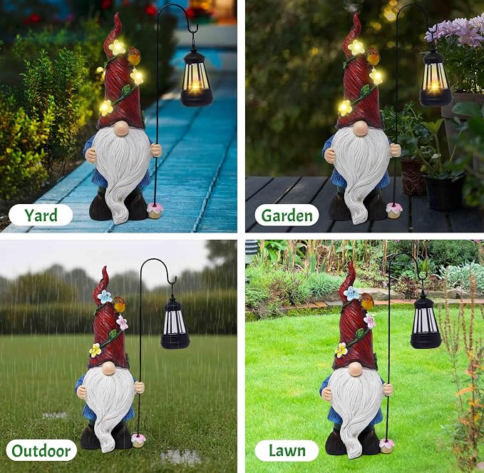 Outdoor Garden Gnome Statue with Solar Lantern Light Resin Yard Decor Patio Lawn Pathway Figurine Holiday Decoration Gnome Gift for Women Mom