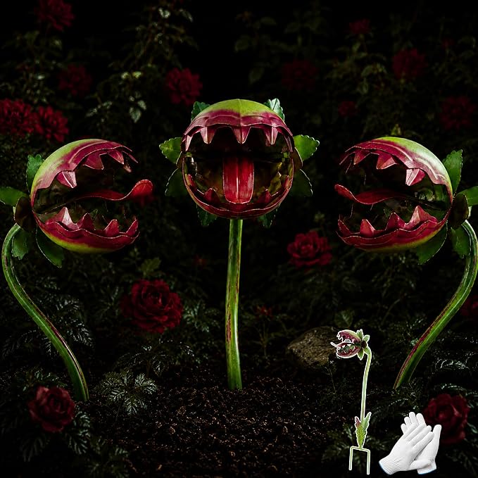 Funny Metal Carnivorous Plant Garden Stake, 25" Large Venus Flytrap Sculpture, Whimsical Outdoor Yard Art for Lawn Patio Planters, Unique Weather-Resistant Garden Decor Gift (Monster Flower 3pcs)