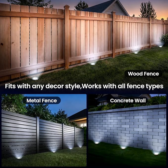 GIGALUMI Solar In-Ground Fence Lights - No-Drill Fence Lighting Solution, Waterproof Perimeter Lights Compatible with Wood, Metal & Concrete Fences (16 Pack Cool White)