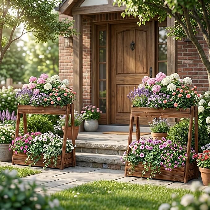 2-Tier Elevated Raised Garden Bed, 36" H Fir Wood Planter Box with 23" Large Growing Space, Drainage Holes & Non-Woven Liner, Outdoor Flower Bed & Herb Garden Planter for Patio Balcony Backyard