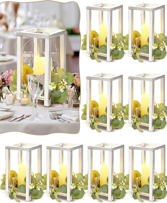 Huquary 16 Pcs Wooden Wedding Lantern Centerpiece Includes 8 Rustic Wooden Lantern Centerpiece and 8 Flameless Candle Holder for Farmhouse Rustic Table Decorations Party Gift(White)