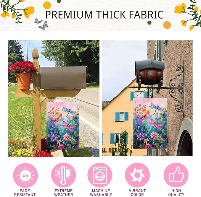 Colorful Spring Summer Dragonfly Garden Flag Floral Flowers Garden Flag Vertical Double Sided Rustic Farmland Burlap Yard Lawn Outdoor Decor 12.5x18"