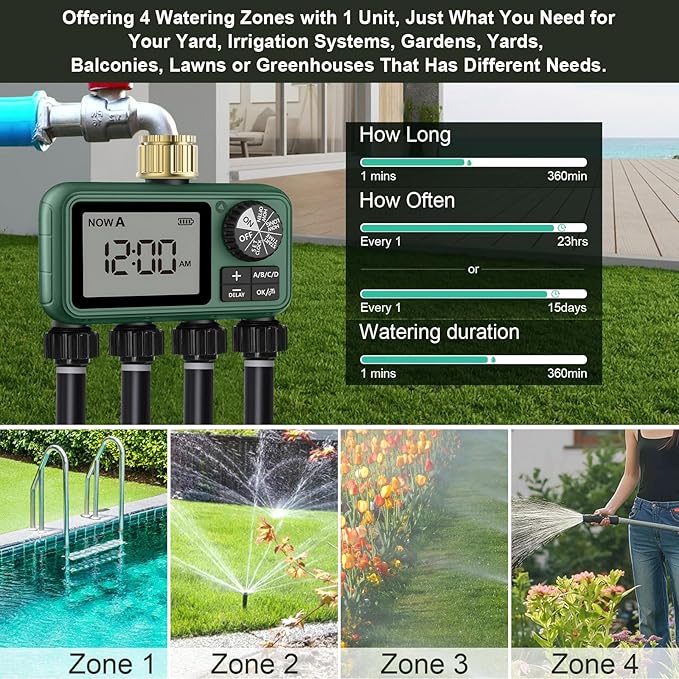 Water Timer for Outdoor Garden Hose, Sprinkler Timer for Garden Faucet with Auto/Manual/Rain Delay Mode, Sprinkler Irrigation Controller for Yard Lawn (4 Zones Brass Inlet)