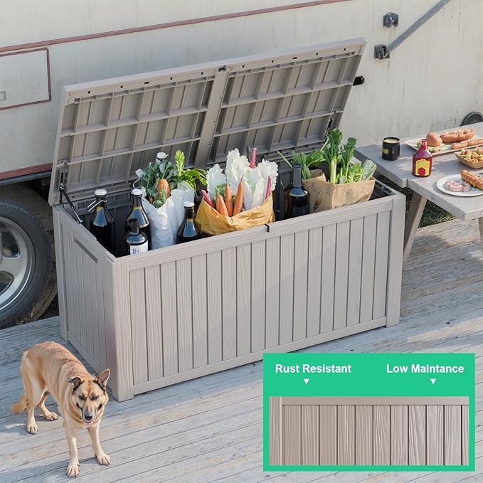 EasyUp 181 Gallon Outdoor Storage Box Waterproof, UV Resistant Resin Deck Box with Hydraulic Rod, Reinforced Stability for Patio, Garden, and Pool, Striped Gray