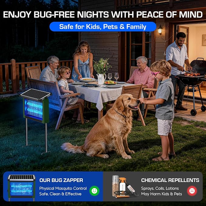 Solar Bug Zapper Outdoor Waterproof, 4500V High Power Cordless Mosquito Zapper with Smart Light Sensor, Dual Solar & USB Rechargeable Insect Killer for Patio, Garden, Backyard, Indoor & Outdoor Use