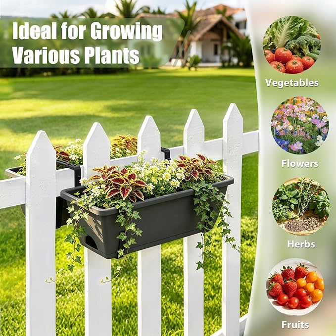 Sunexinlo 4-Pack Railing Planter Boxes with Double-Sided Adjustable Brackets, Plastic Rectangular Flower Boxes with Drainage Holes and Trays for Outdoor Balcony, Deck, Patio, Porch, Fence, Gray