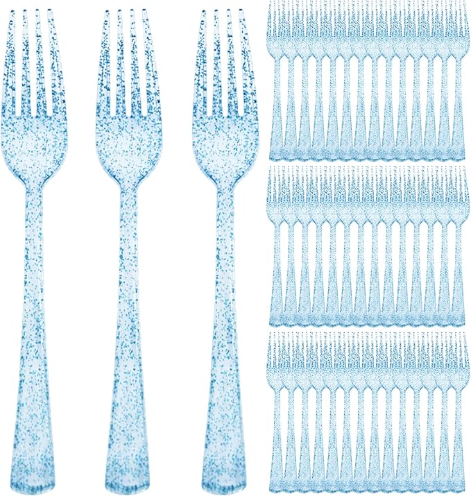 100 Pcs Blue Plastic Forks Blue Glitter Silverware Heavy Duty Plastic Utensils Disposable Cutlery Set for Brithday, Baby Shower, Picnic