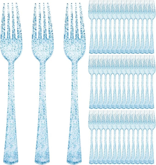 100 Pcs Blue Plastic Forks Blue Glitter Silverware Heavy Duty Plastic Utensils Disposable Cutlery Set for Brithday, Baby Shower, Picnic